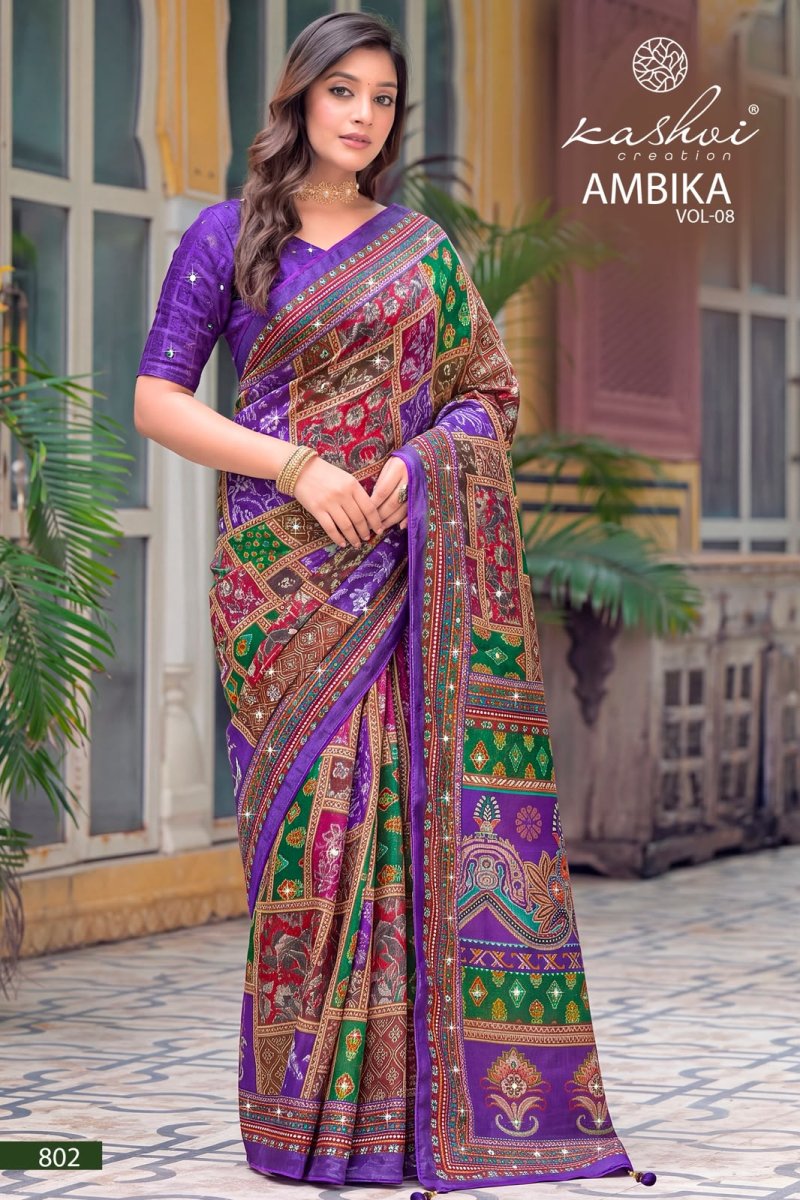 Ambika Vol 8 By Kashvi Chocolate Printed Glass Work Saree 